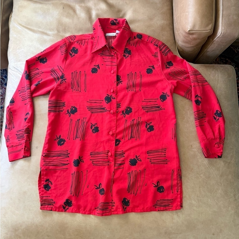 Liz Baker Women Red Black Abstract Patterned Button Down Blouse Size Small - Picture 1 of 6